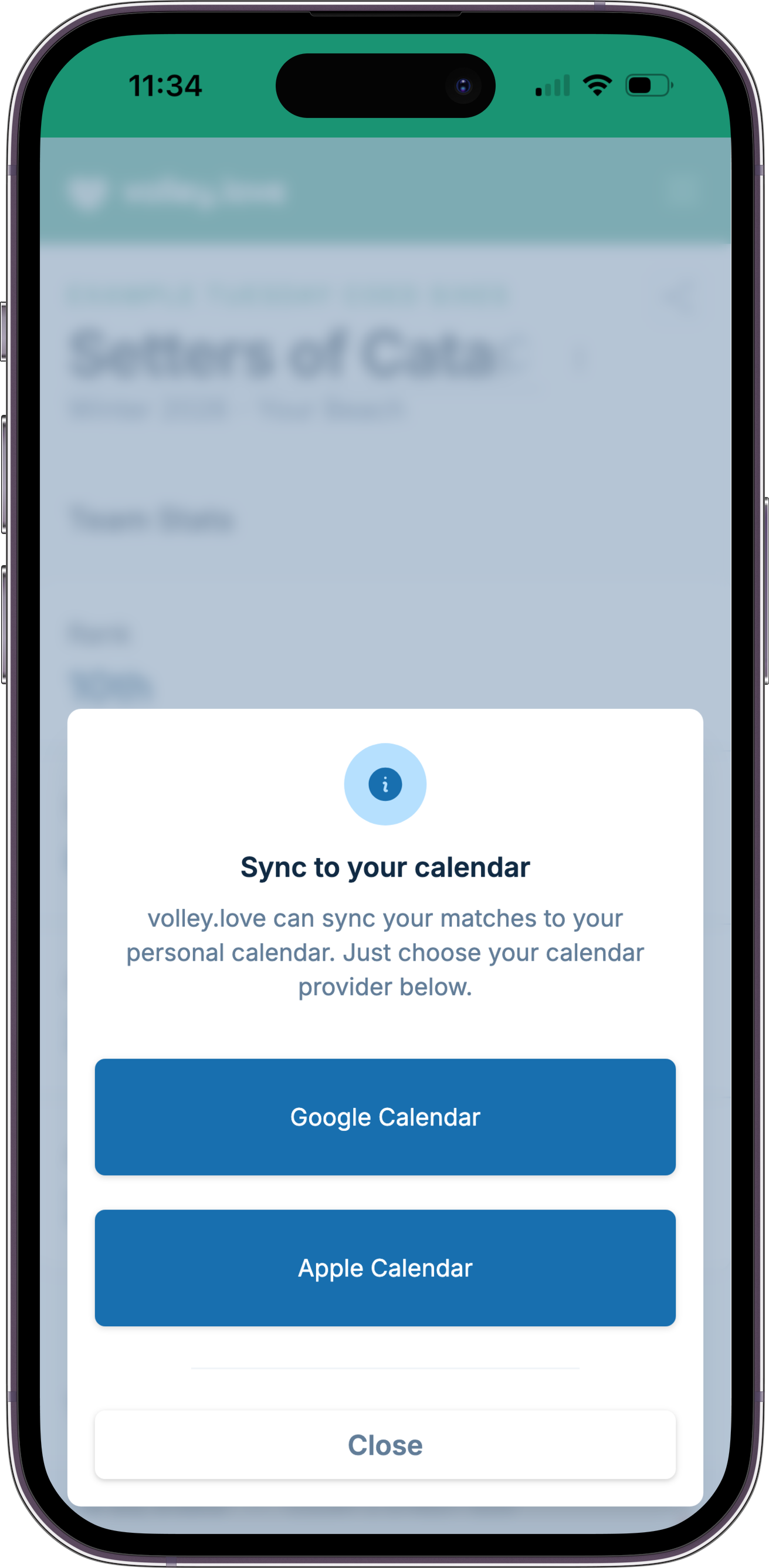 A screenshot showing the options of subscribing to a team calendar, which allows syncing to Google Calendar and Apple Calendar