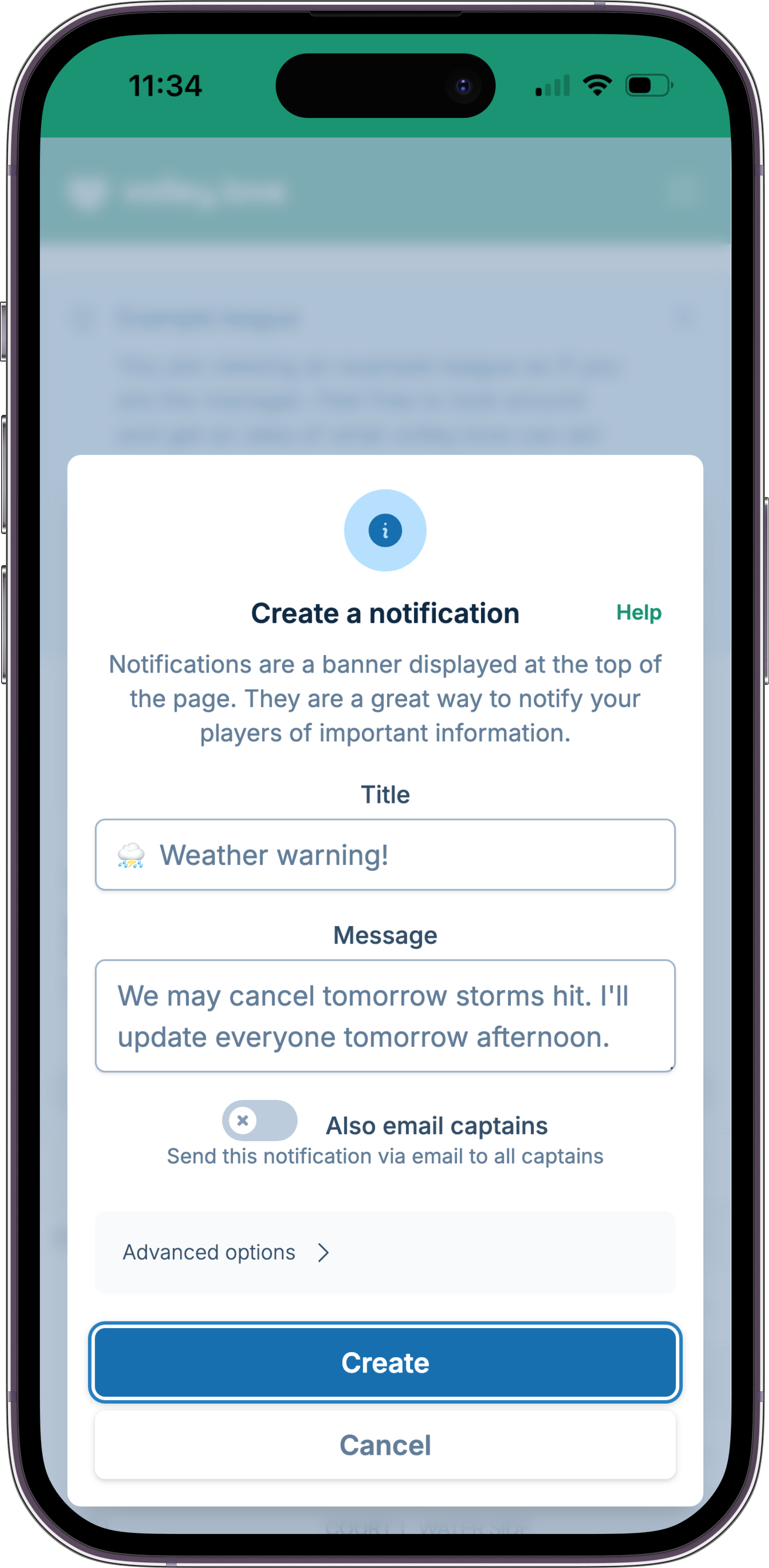 A screenshot showing the notification creation form, where a manager is notifying captains matches may be canceled if the radar doesn't improve