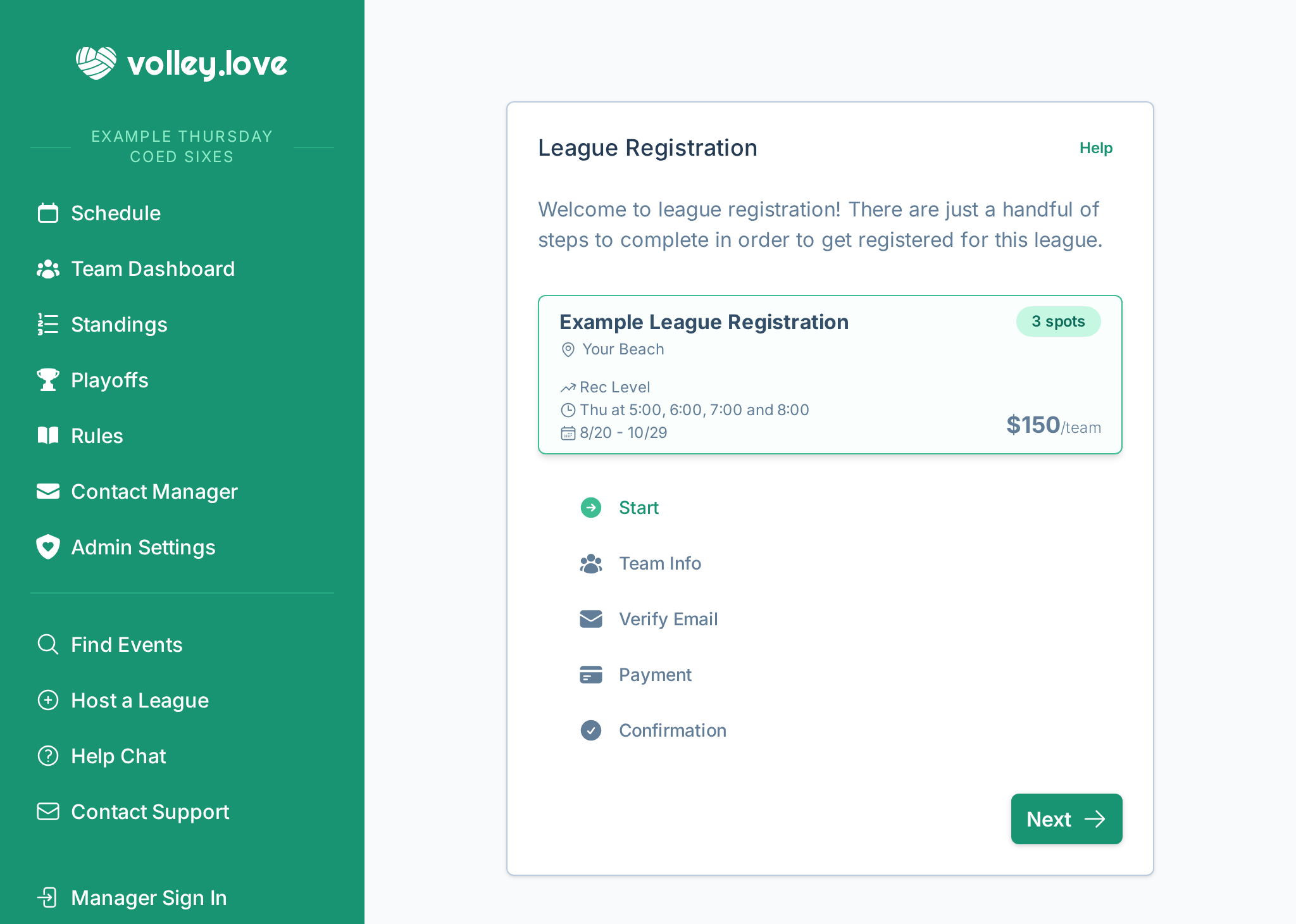 A screenshot of the team registration experience