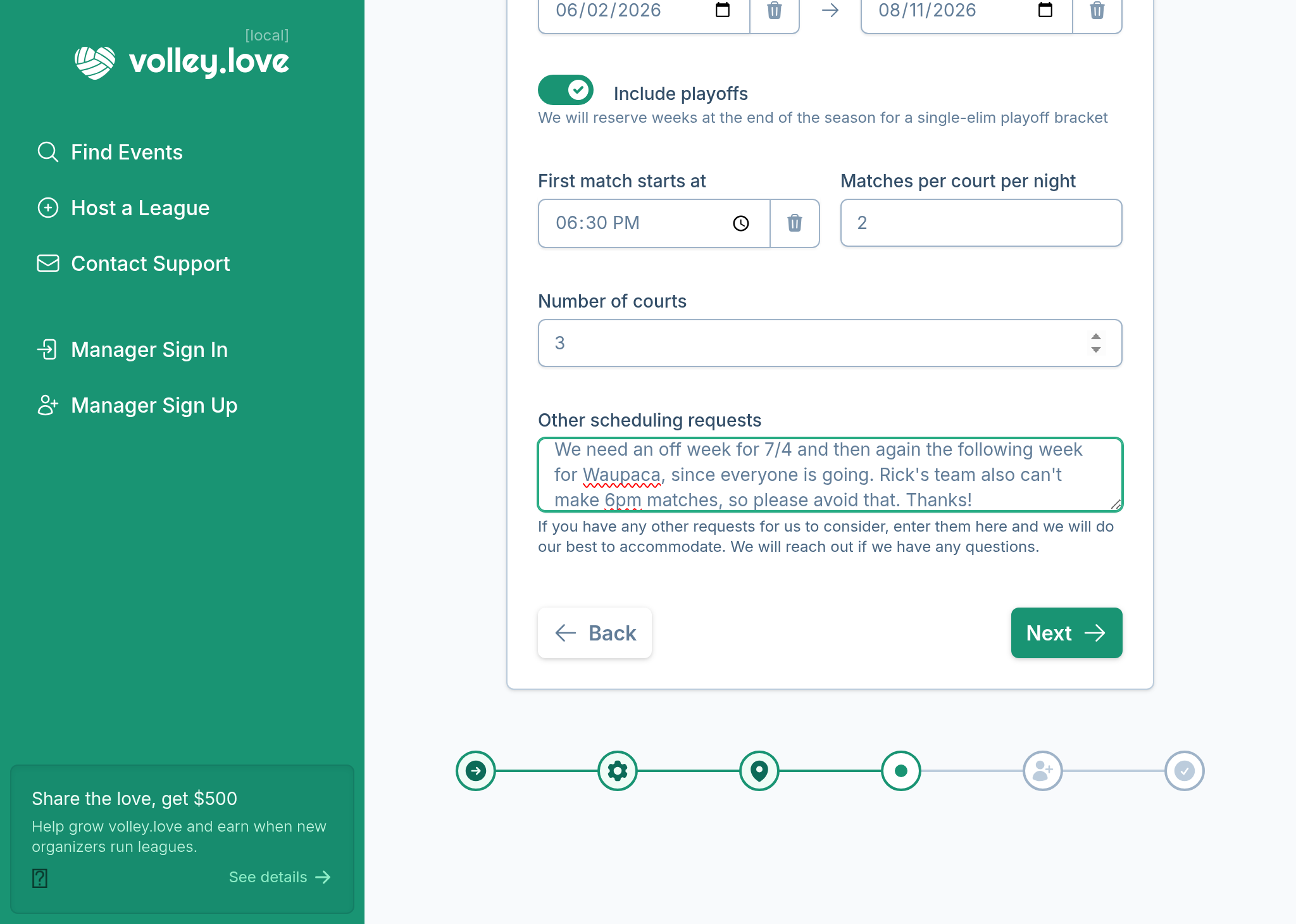 A screenshot of the league creation wizard where a league manager can enter scheduling constraints and preferences